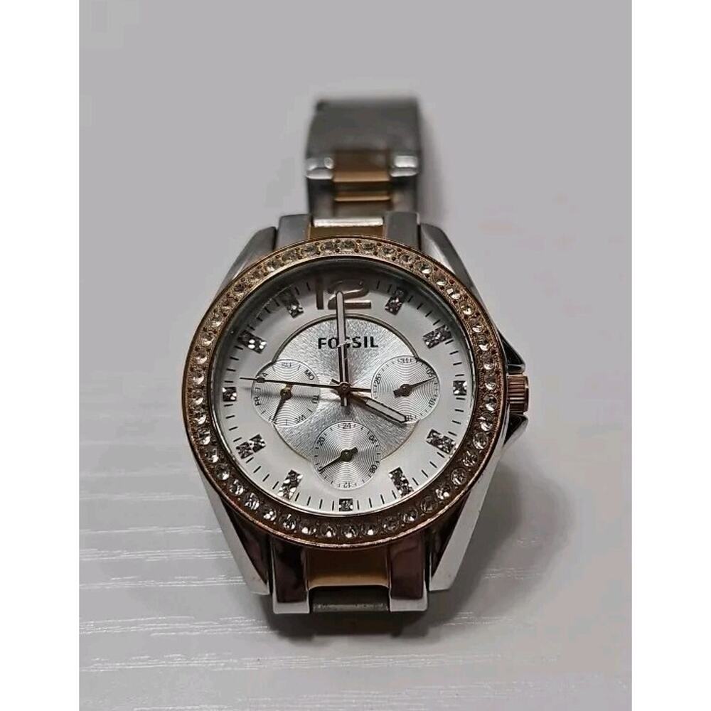 Fossil Riley ES-2787 Ladies Silver & Rose Gold Quartz Watch New Battery W14